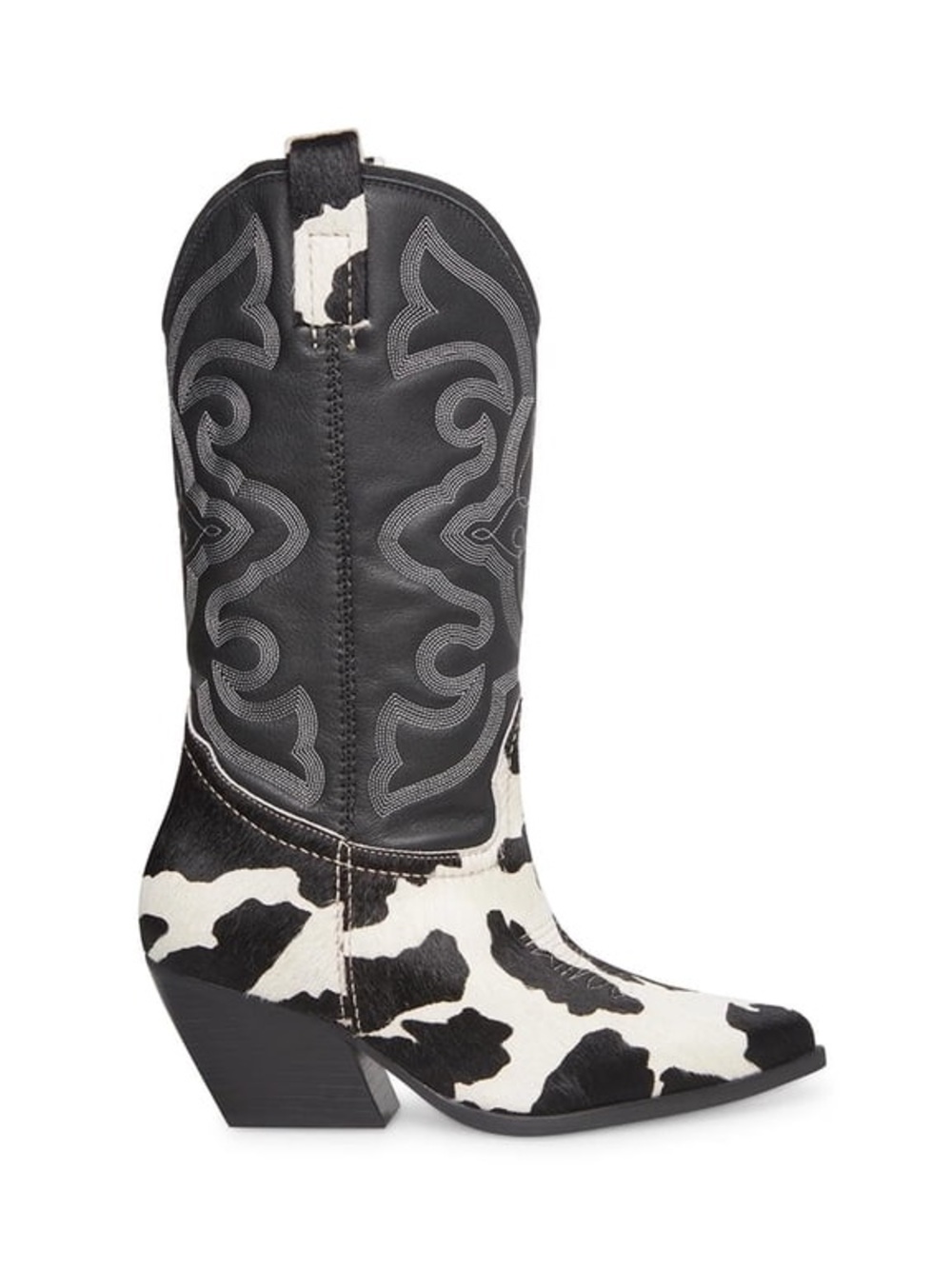 NWOT Steve Madden West Black White Pull On Block Heel Cowhide Cowboy Boot